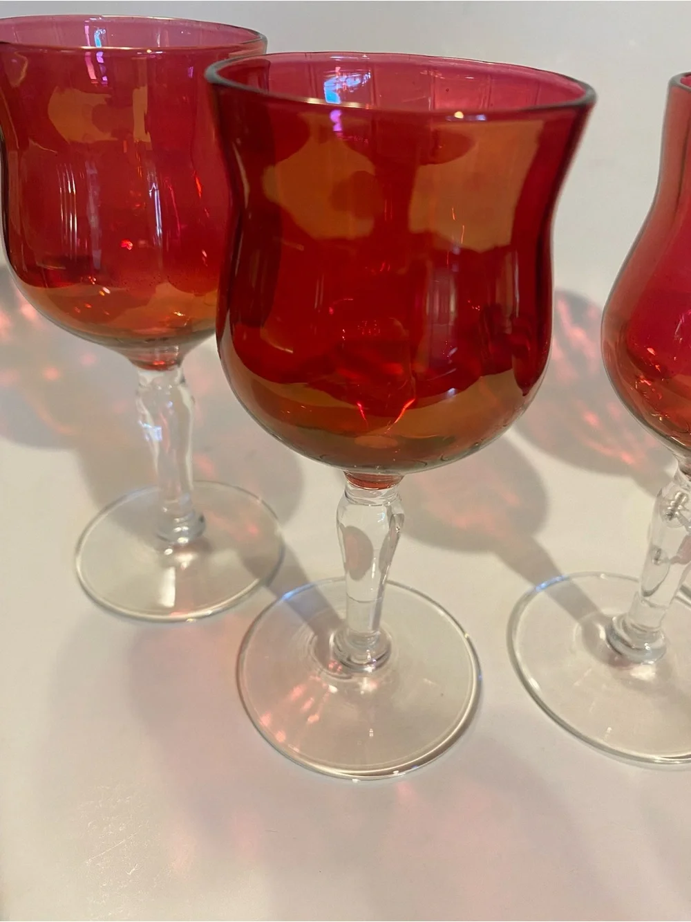 VTG Cranberry Glass Cordial Glasses Set of 4 Clear Knopped   Stem MCM Barware 5”